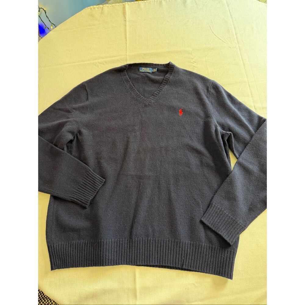 Polo Ralph Lauren Mens XL Navy V Neck Wool Cashmere Sweater Red Pony Logo